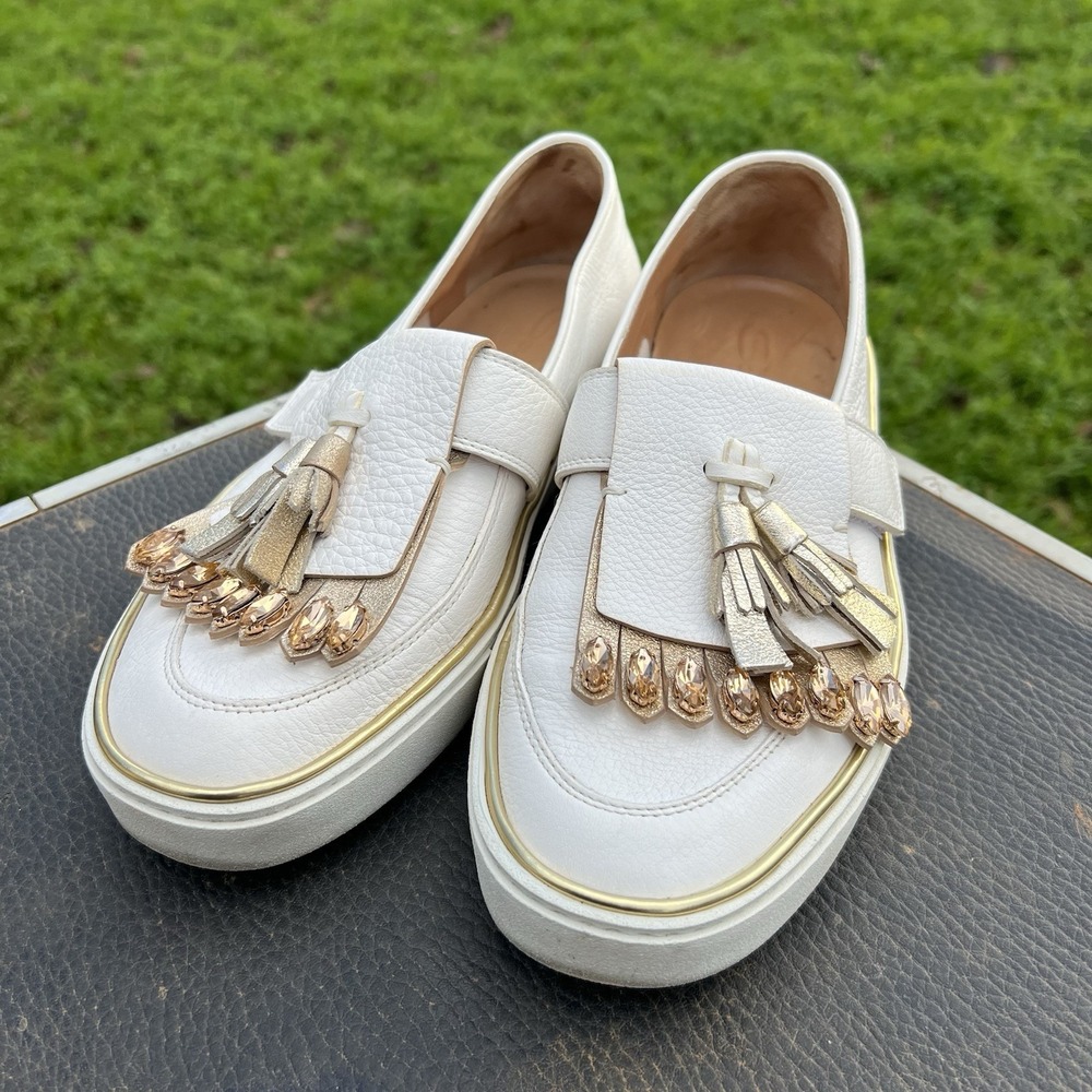 Santoni Womens US 8 EU 38.5 White Leather Loafer Slip On Shoe Strap Jewel - Picture 2 of 13